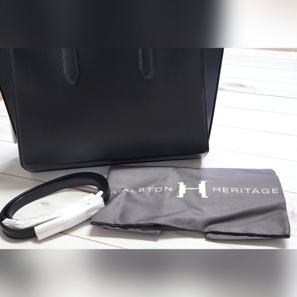 Halston Black Italian Leather Tote Handbag Large Structured Satchel $495 Retail - Picture 12 of 15